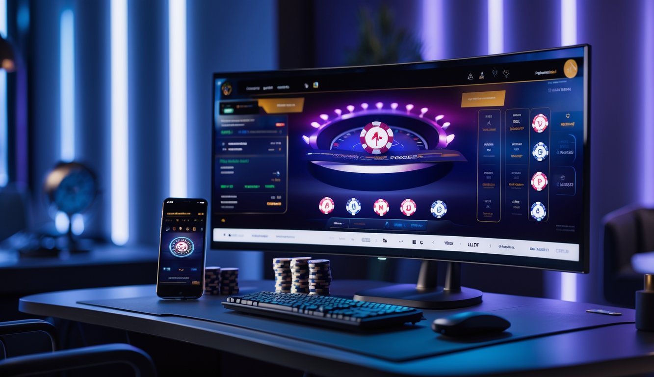 Seorang pria duduk di depan komputer dengan tampilan permainan poker online yang modern dan chip poker di mejanya.