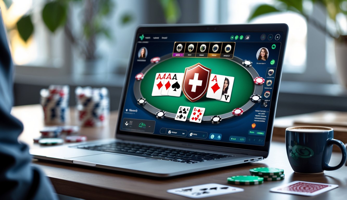 Seseorang bermain poker online di depan layar komputer dengan suasana kerja yang rapi dan elemen poker di sekitar.