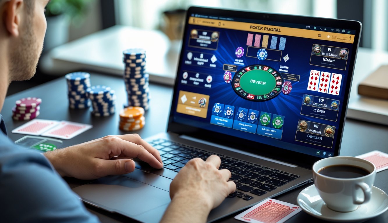 Seseorang sedang bermain poker online dengan berbagai jenis permainan di depan komputer di ruang kerja yang rapi.