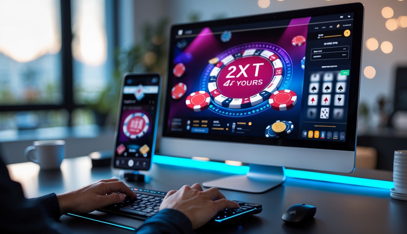 Seseorang bermain poker online di komputer dengan suasana ruangan yang nyaman dan pencahayaan hangat.