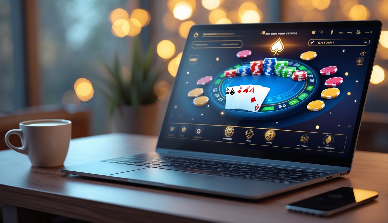 Seorang pengguna bermain poker online di laptop dengan tampilan permainan kartu dan chip poker di layar.