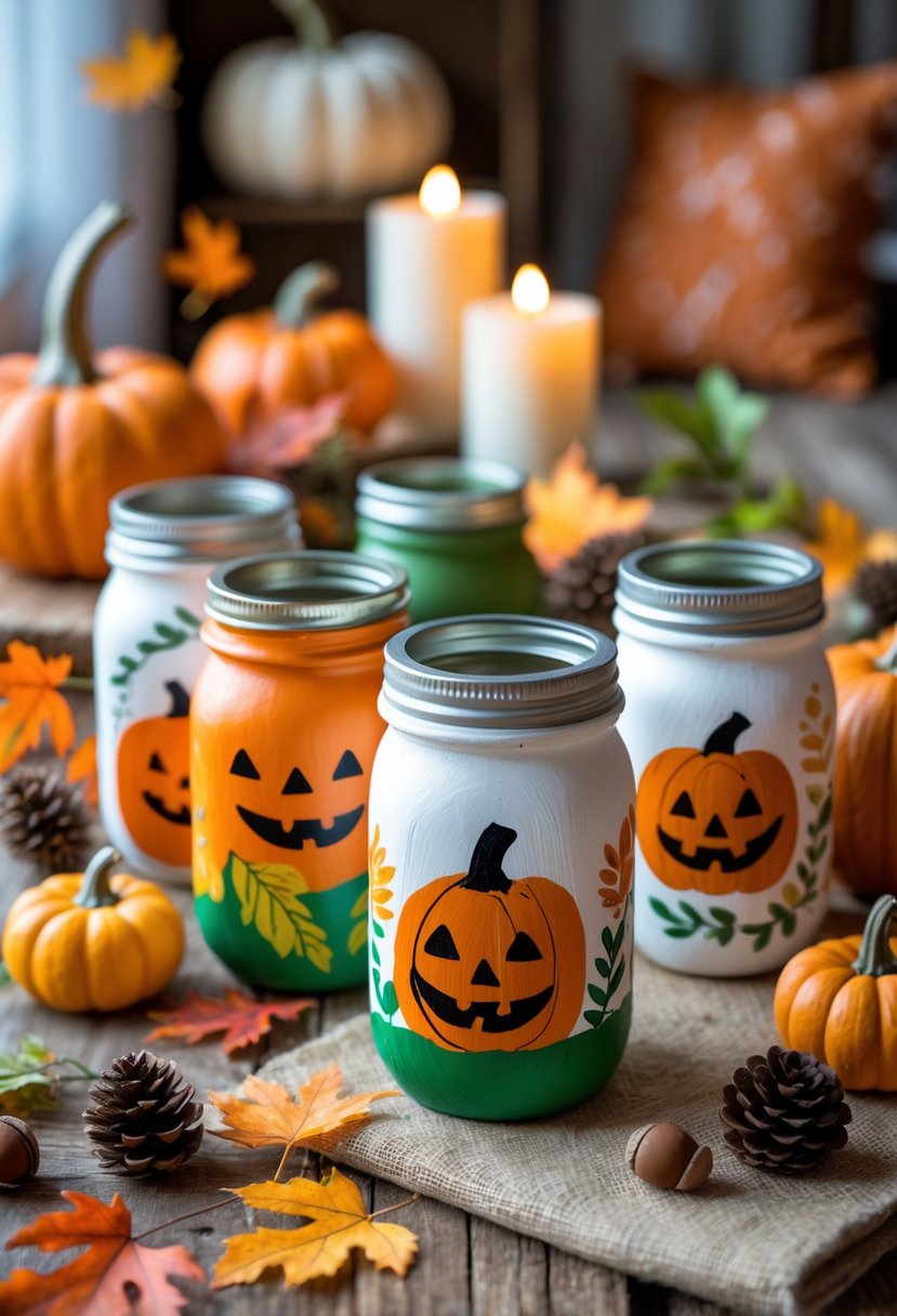 A group of painted pumpkin-themed mason jars on a wooden table surrounded by fall leaves, small pumpkins, and pinecones.