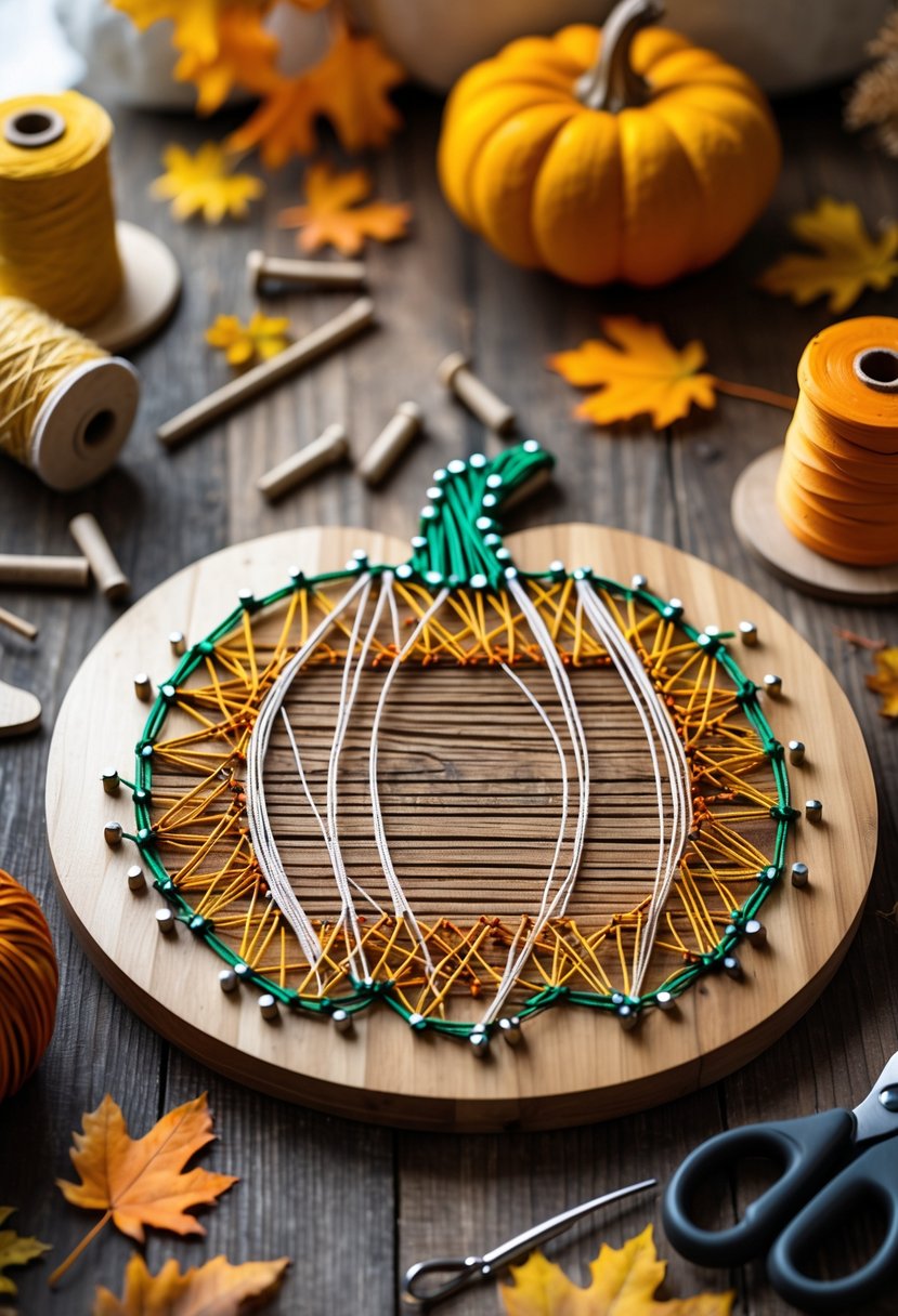 A pumpkin-shaped string art project on a wooden board surrounded by crafting supplies and autumn leaves on a table.