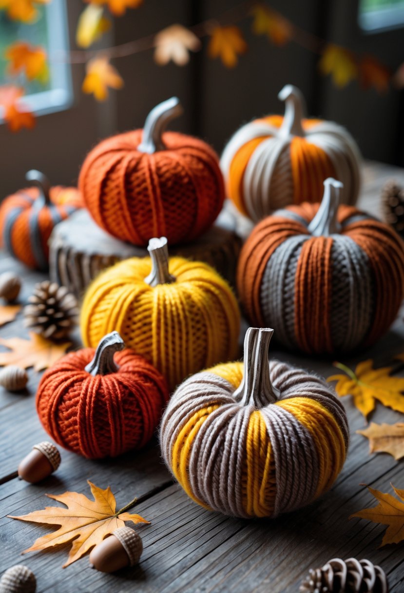 A group of small pumpkins wrapped in colorful yarn placed on a wooden table with fall leaves and pine cones around them.