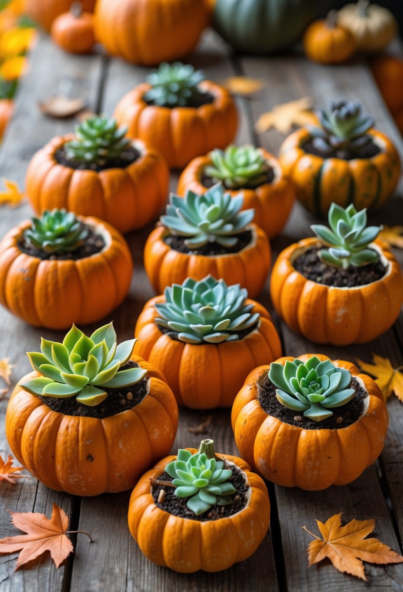 A collection of small pumpkins used as planters for green succulents arranged on a wooden table with autumn leaves around them.