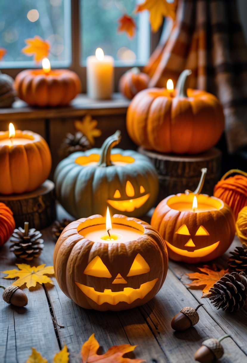 A rustic table with various pumpkin candle holders glowing warmly, surrounded by autumn leaves and craft materials.