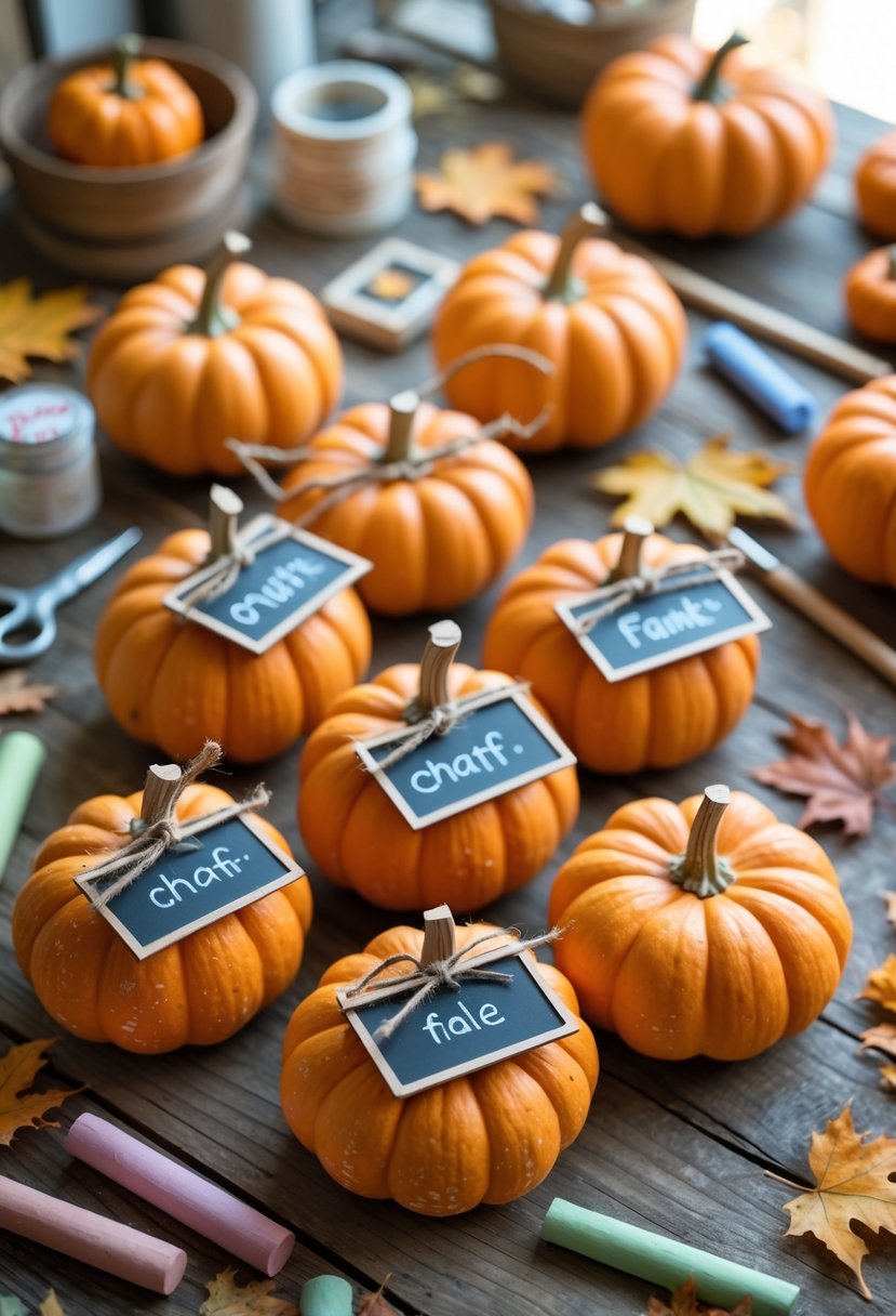 Mini pumpkins with small chalkboard labels on a wooden table surrounded by craft supplies and autumn leaves.