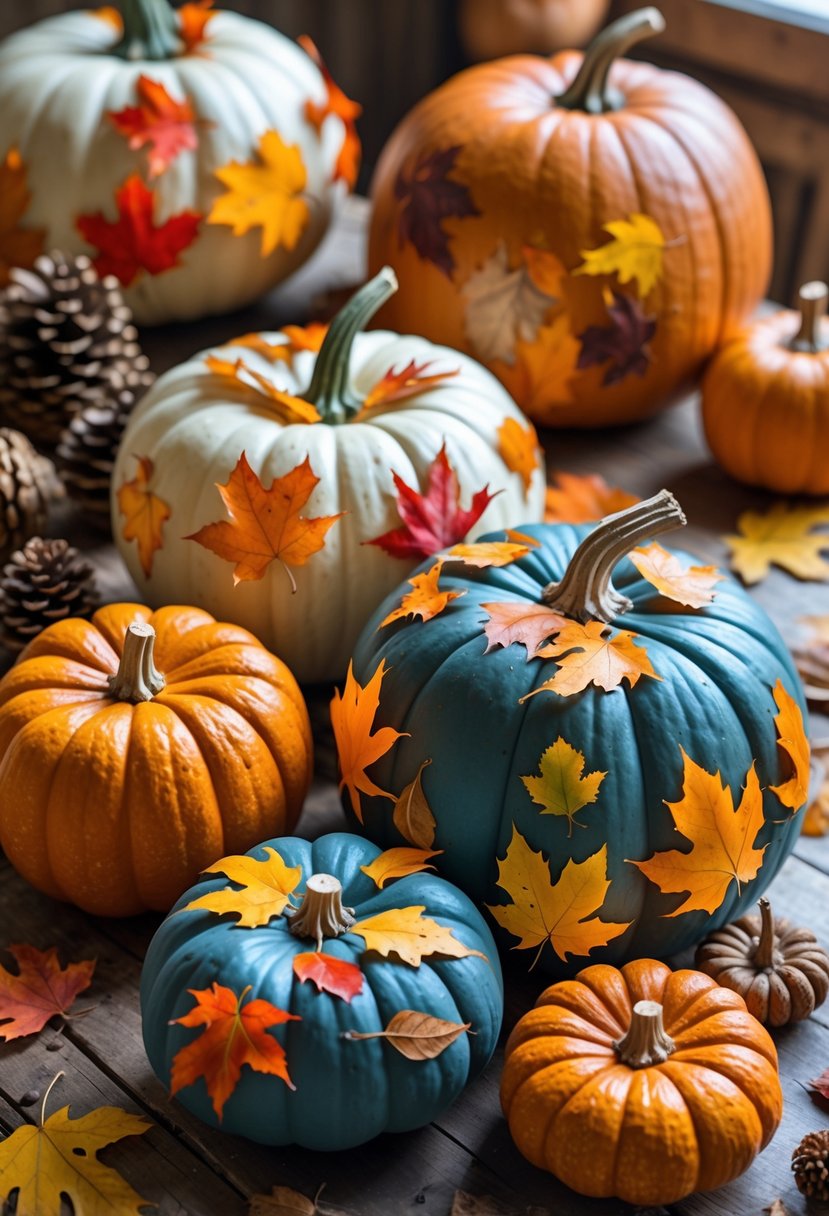 A collection of pumpkins decorated with pressed autumn leaves arranged on a wooden table with crafting materials and fall foliage.