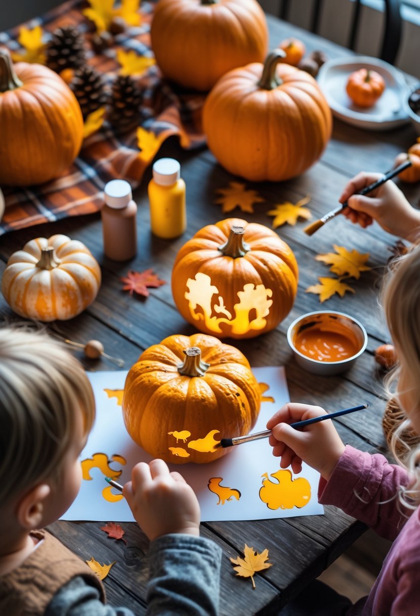 Hands of children and adults painting pumpkins using stencils on a table decorated with autumn leaves and craft supplies.