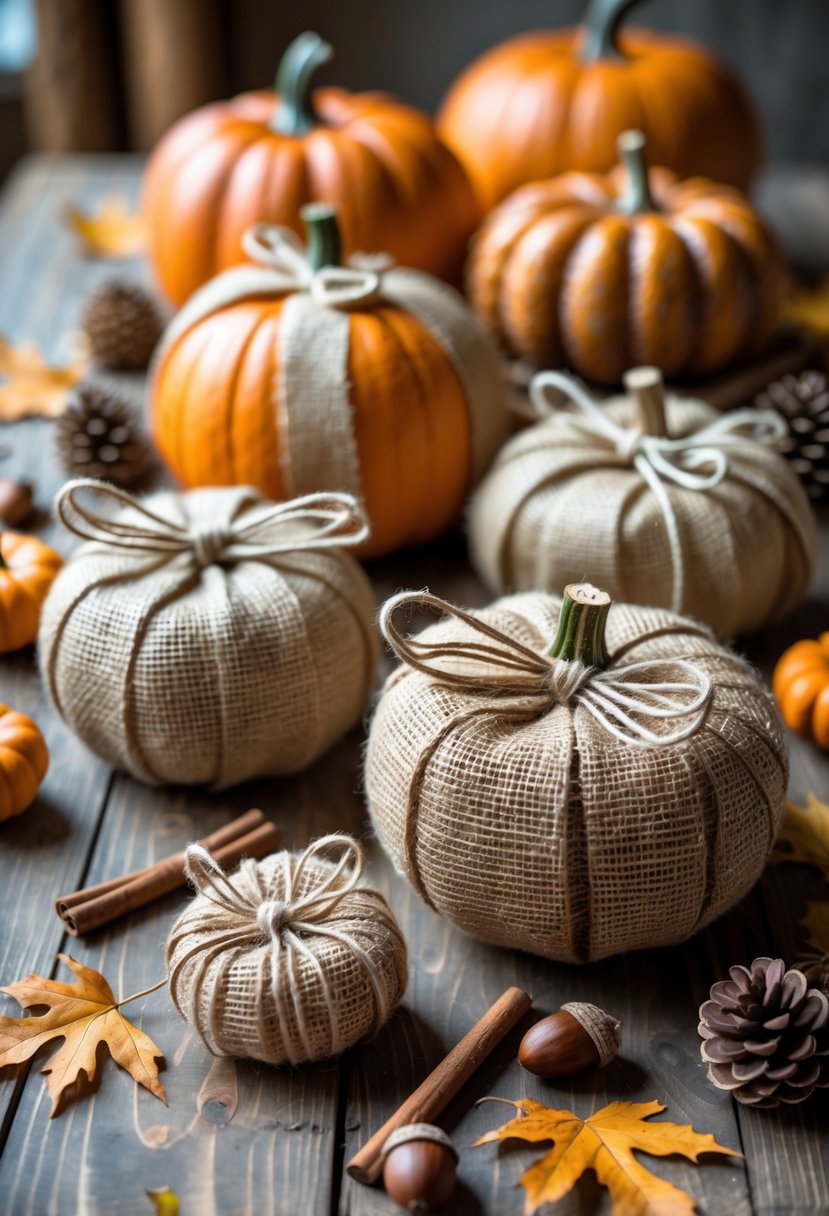 A collection of pumpkins wrapped in burlap fabric with twine bows, surrounded by autumn leaves and natural fall decorations on a wooden surface.