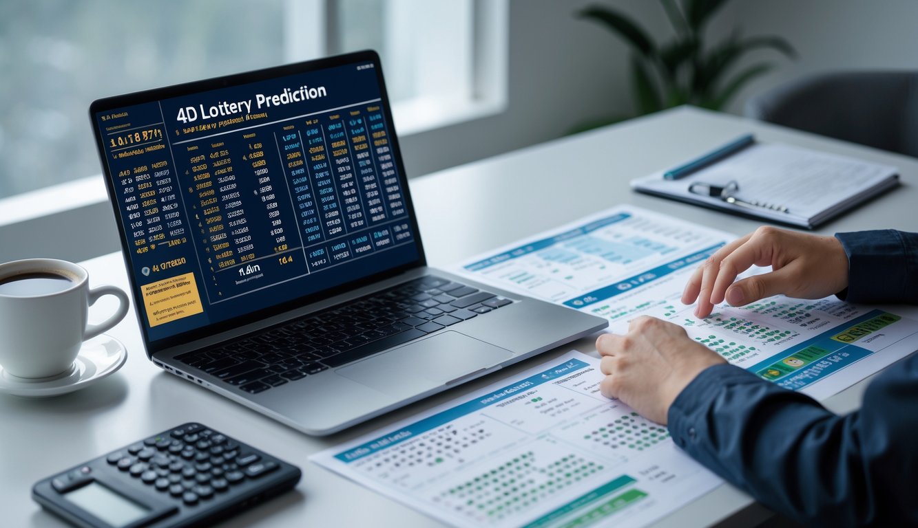 Meja kerja dengan laptop, tangan orang yang memeriksa data angka, dan alat tulis di ruang yang terang.