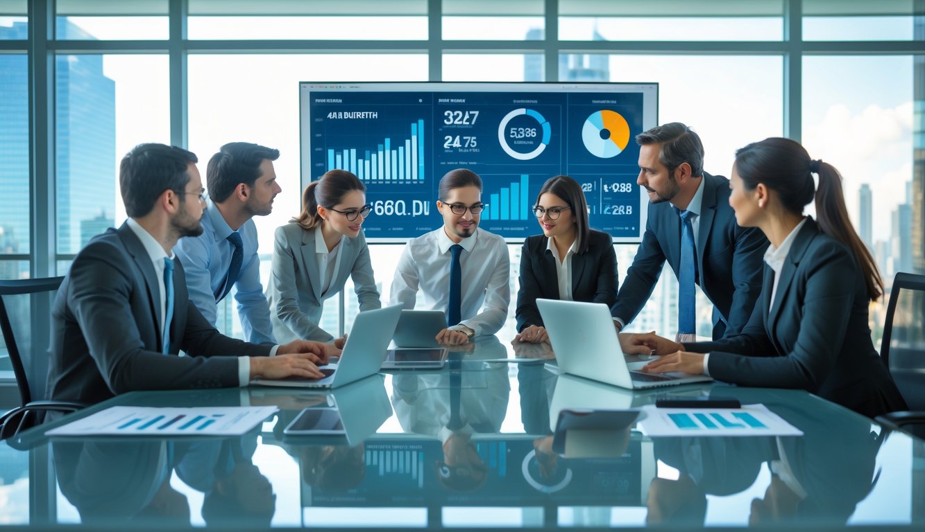 Sekelompok profesional bisnis sedang berdiskusi di sekitar meja kaca dengan layar digital dan grafik data di kantor modern.