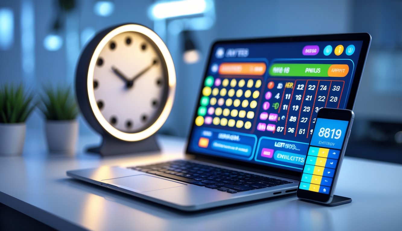 Meja kerja dengan laptop dan ponsel menampilkan layar angka togel, dengan jam digital di latar belakang yang menunjukkan waktu malam.