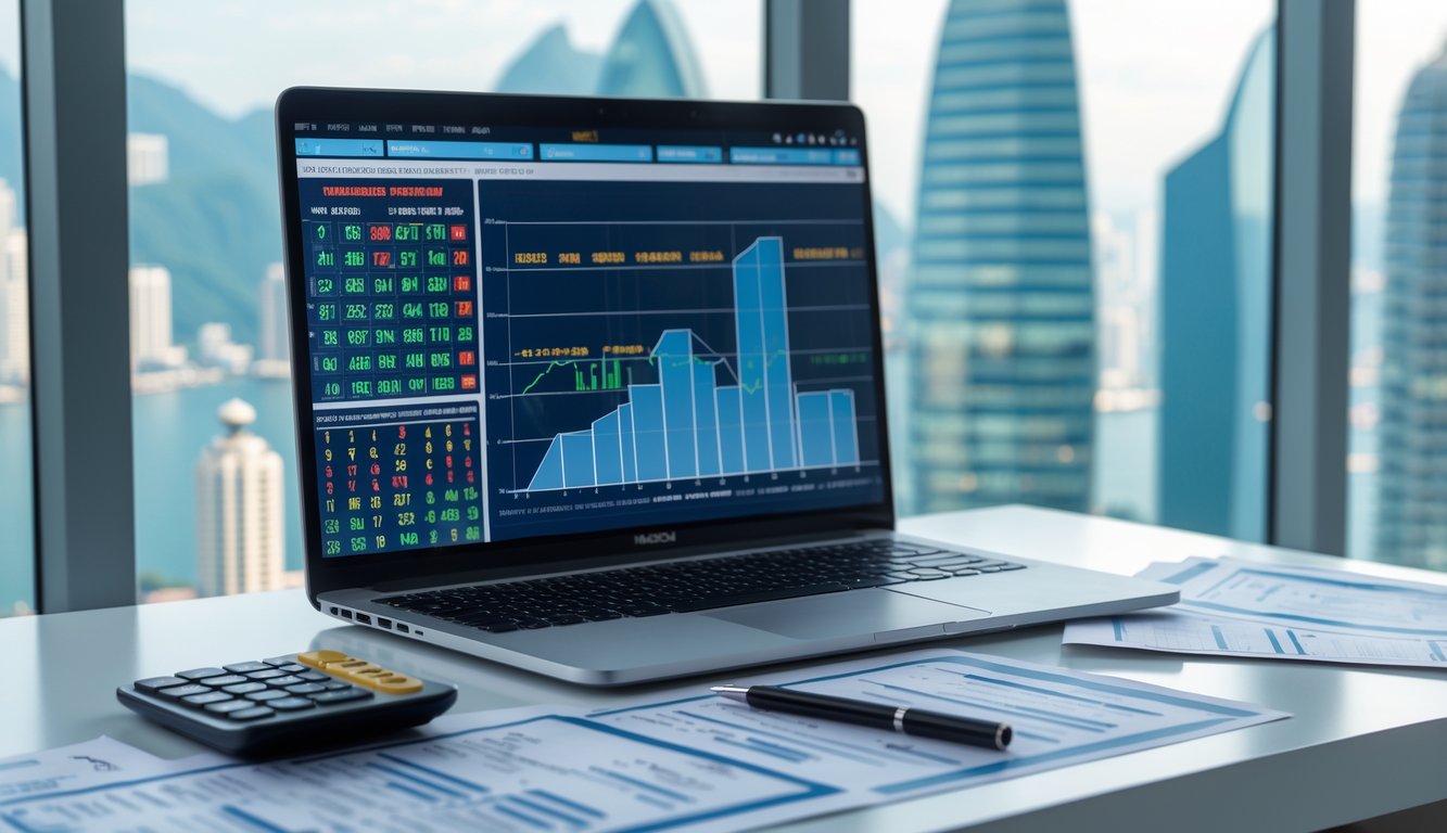 Meja kerja modern dengan laptop menampilkan data angka dan grafik, alat tulis, serta latar belakang kota Macau yang samar terlihat melalui jendela besar.