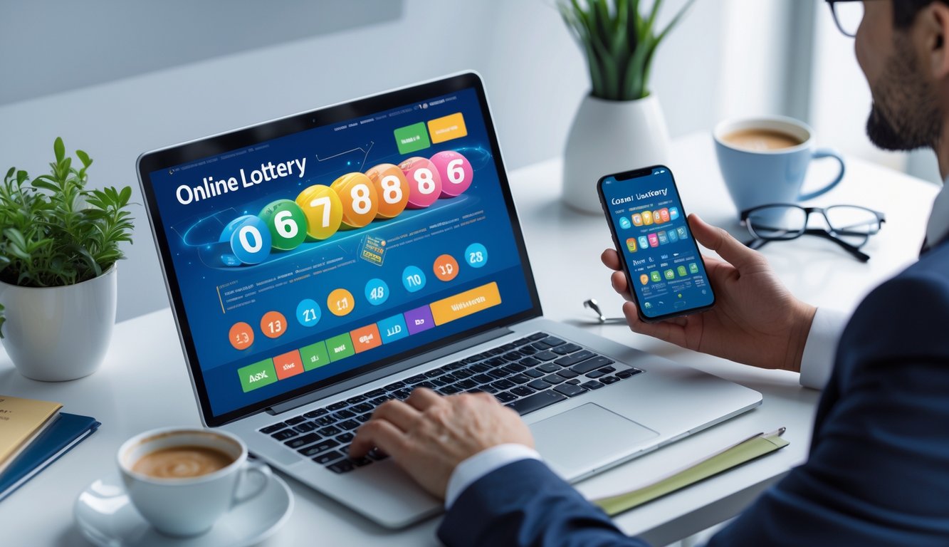 Seseorang menggunakan laptop dan ponsel untuk bermain togel online di meja kerja yang rapi.