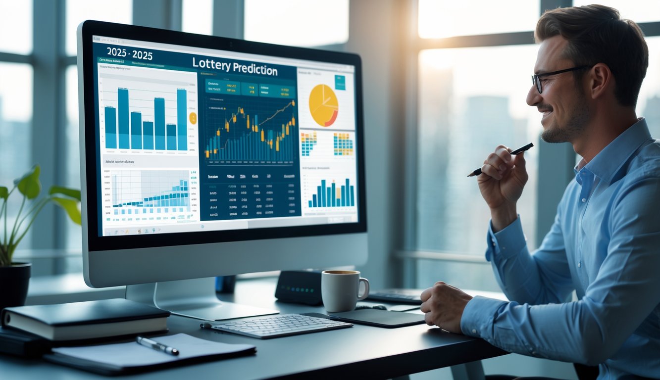 Sebuah ruang kerja modern dengan komputer menampilkan grafik dan data prediksi togel, seorang pria berpakaian kasual bisnis sedang menganalisis data dengan fokus.