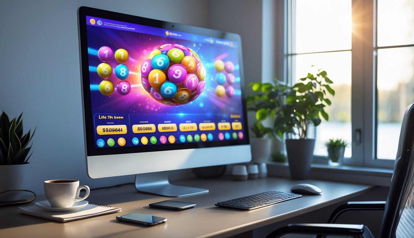 Sebuah meja kerja modern dengan komputer yang menampilkan tampilan undian langsung togel online, dilengkapi dengan peralatan kantor dan tanaman kecil di latar belakang.