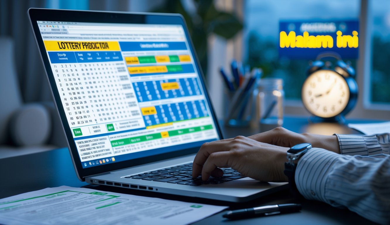 Meja kerja dengan laptop dan tangan seseorang yang sedang menganalisis data angka di malam hari.