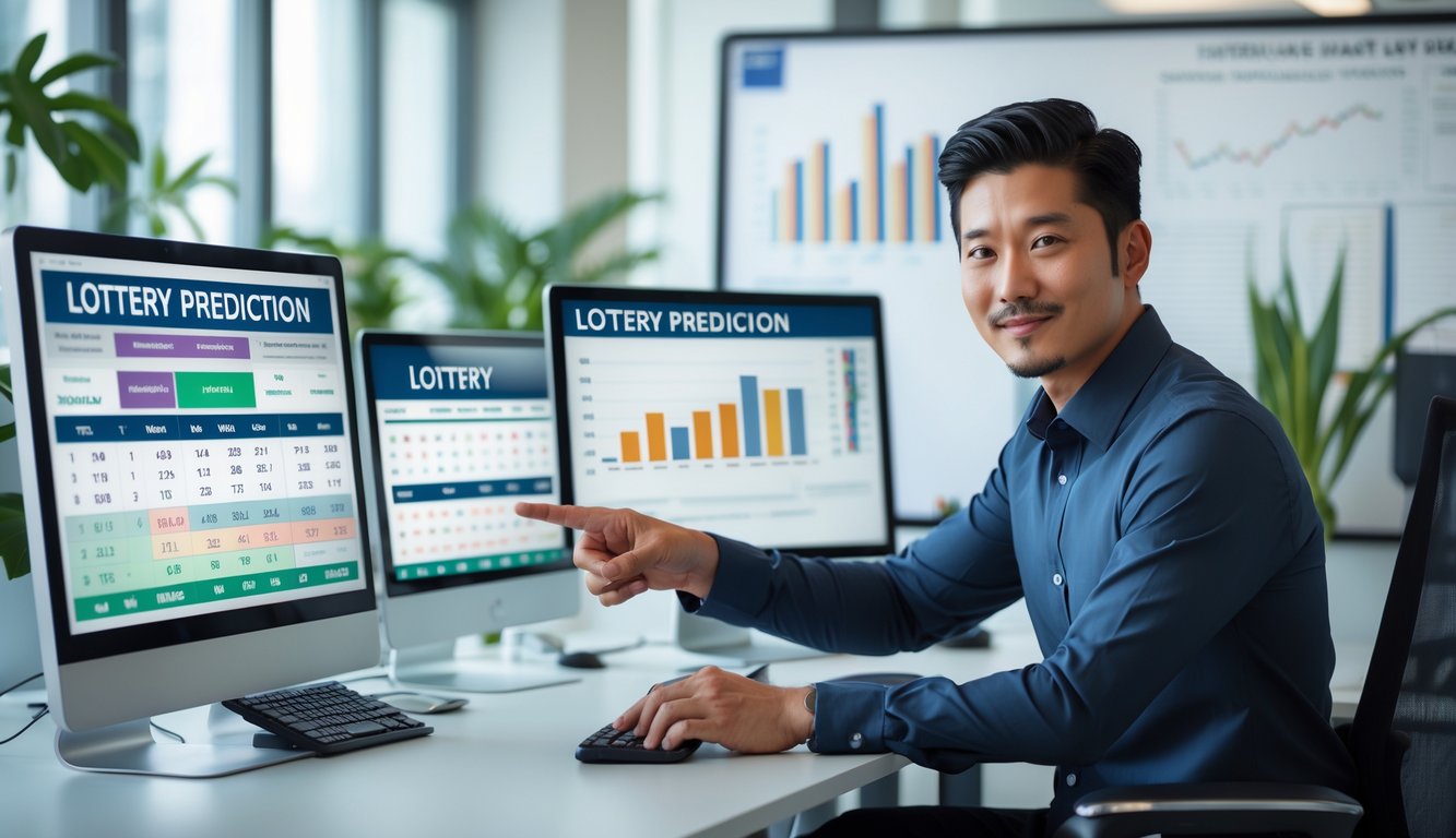 Seorang pria Asia duduk di meja kantor dengan beberapa layar komputer yang menampilkan grafik dan angka, sedang menganalisis data togel di ruangan terang dengan jendela besar dan papan tulis di belakangnya.