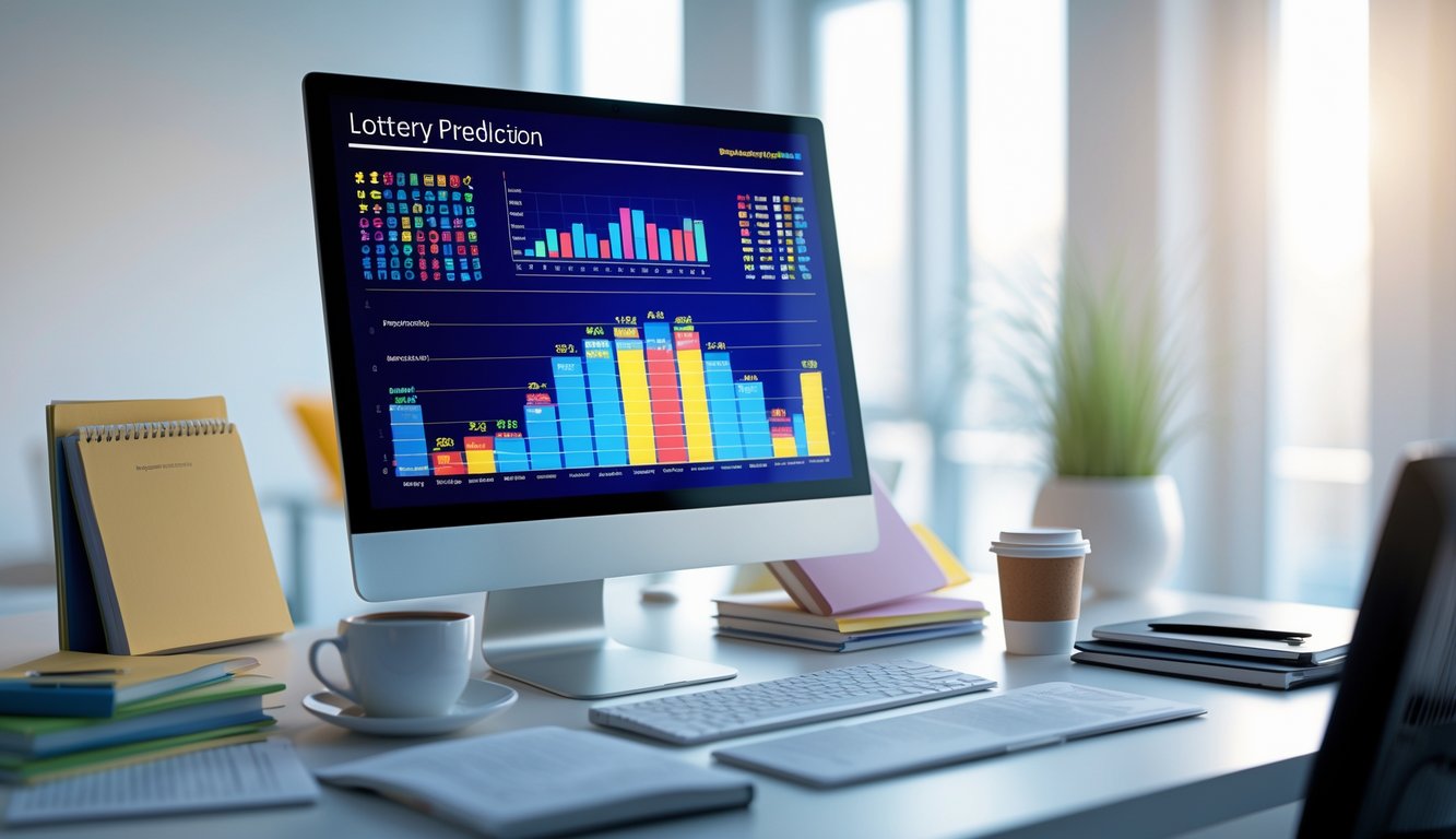 Sebuah ruang kerja modern dengan komputer yang menampilkan grafik dan diagram prediksi angka togel, dikelilingi oleh alat tulis dan kopi.