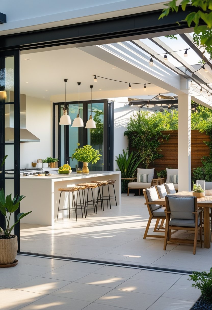An open kitchen seamlessly connected to an outdoor seating and dining area with natural light and plants.