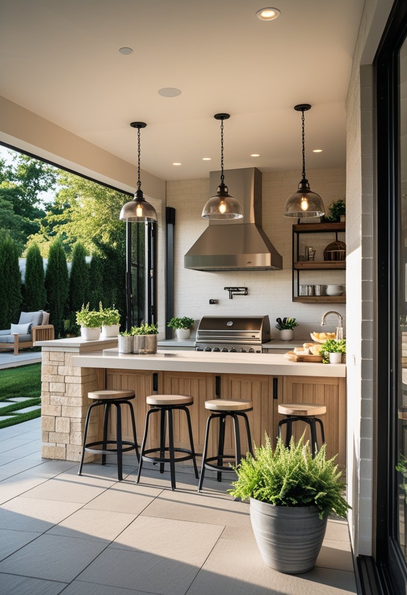 An outdoor kitchen and bar area connected to an indoor kitchen with open glass doors, featuring a grill, bar stools, and natural surroundings.