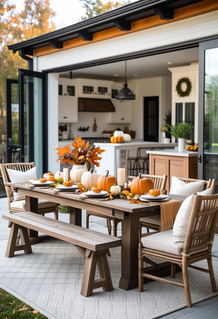 Outdoor dining area with a wooden table decorated for the season, connected to a bright kitchen through open glass doors.