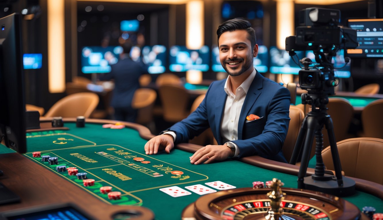 Seorang dealer kasino asli sedang mengelola permainan langsung di meja kasino dengan kartu dan chip taruhan.