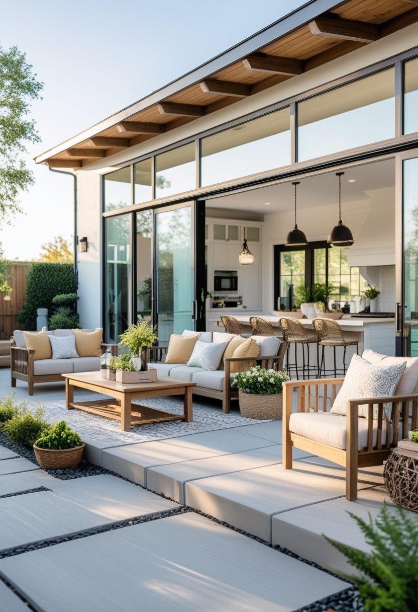 An outdoor lounge area with comfortable seating connected to a kitchen and indoor space through large glass doors.