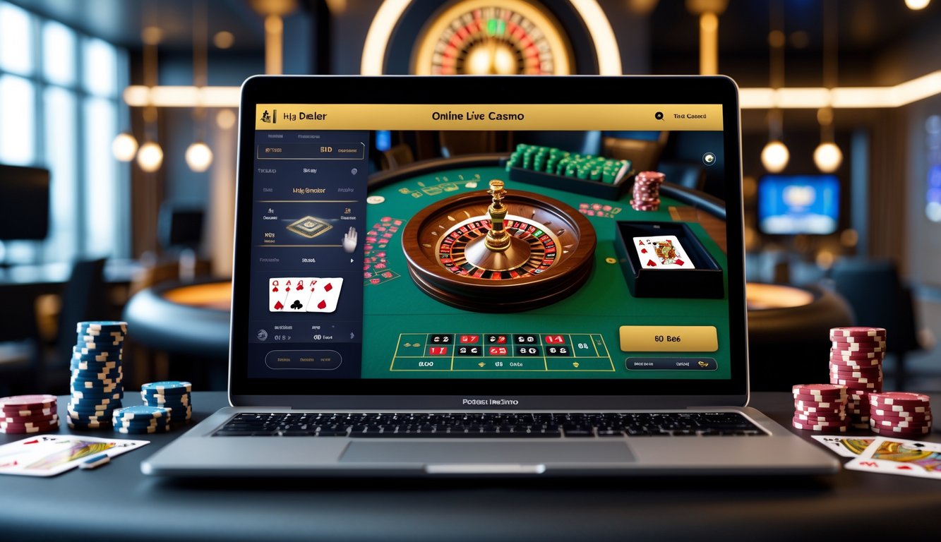 Seorang pemain menggunakan komputer dengan permainan kasino langsung yang menampilkan dealer dan roda roulette di layar.