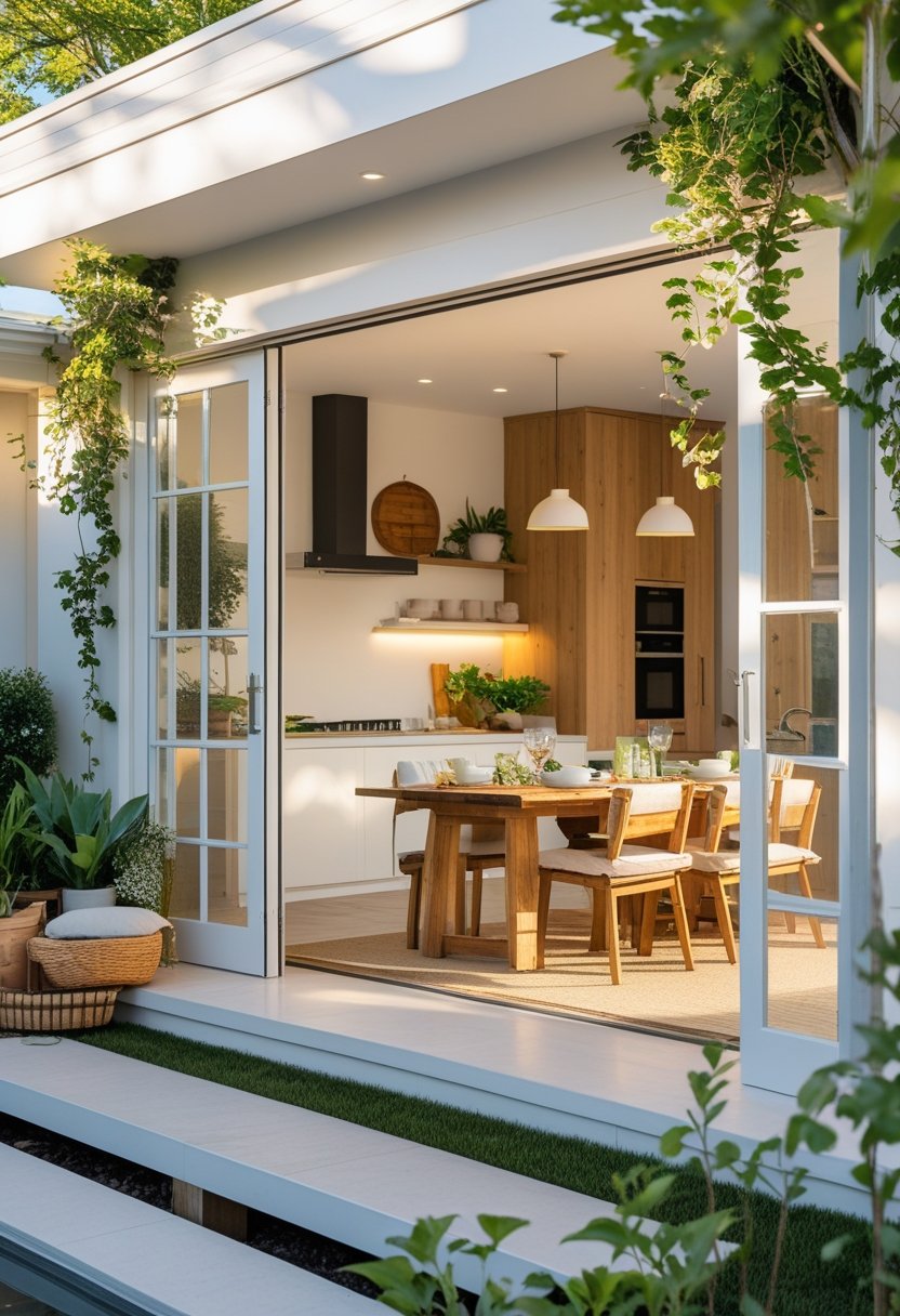 An outdoor living space connected to a kitchen through large glass doors, featuring seating, a dining table, plants, and natural light.