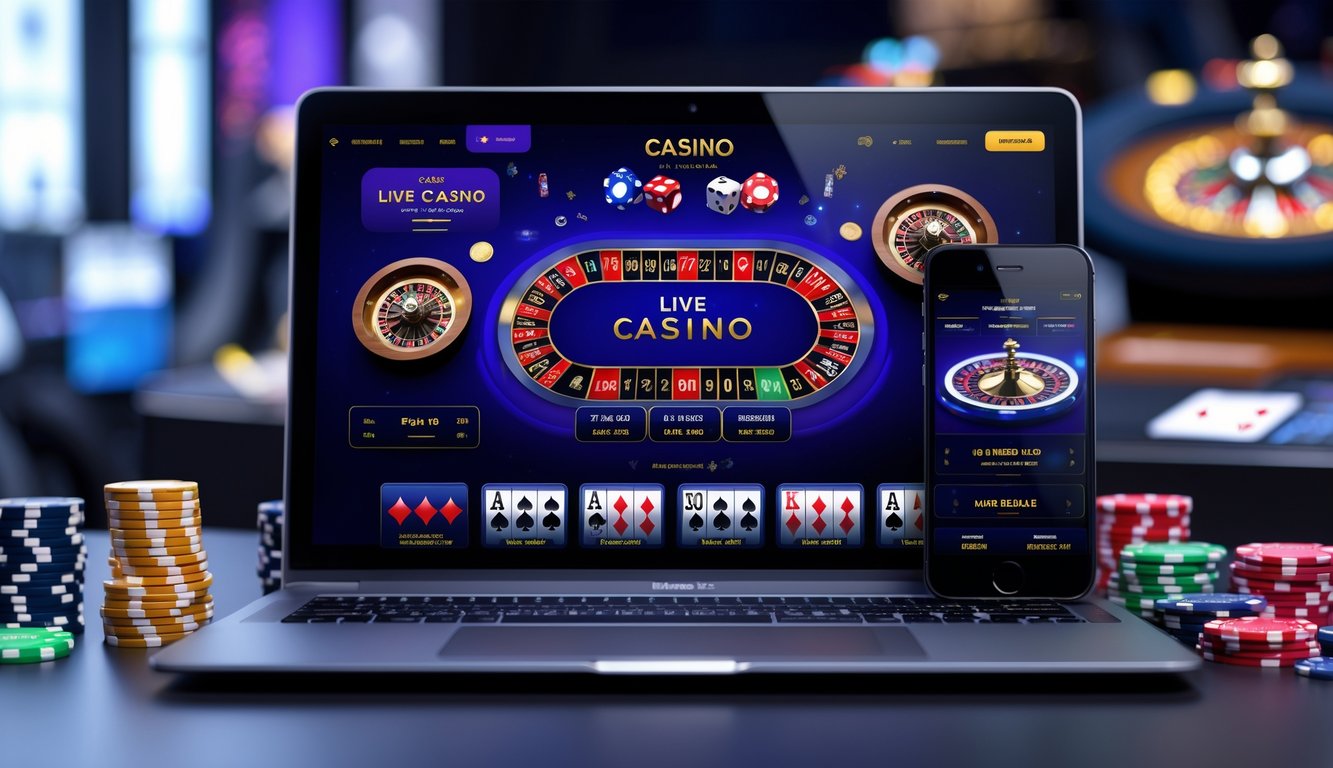 Tampilan perangkat laptop dan ponsel yang menampilkan berbagai permainan kasino langsung online dengan suasana kasino di sekitar.