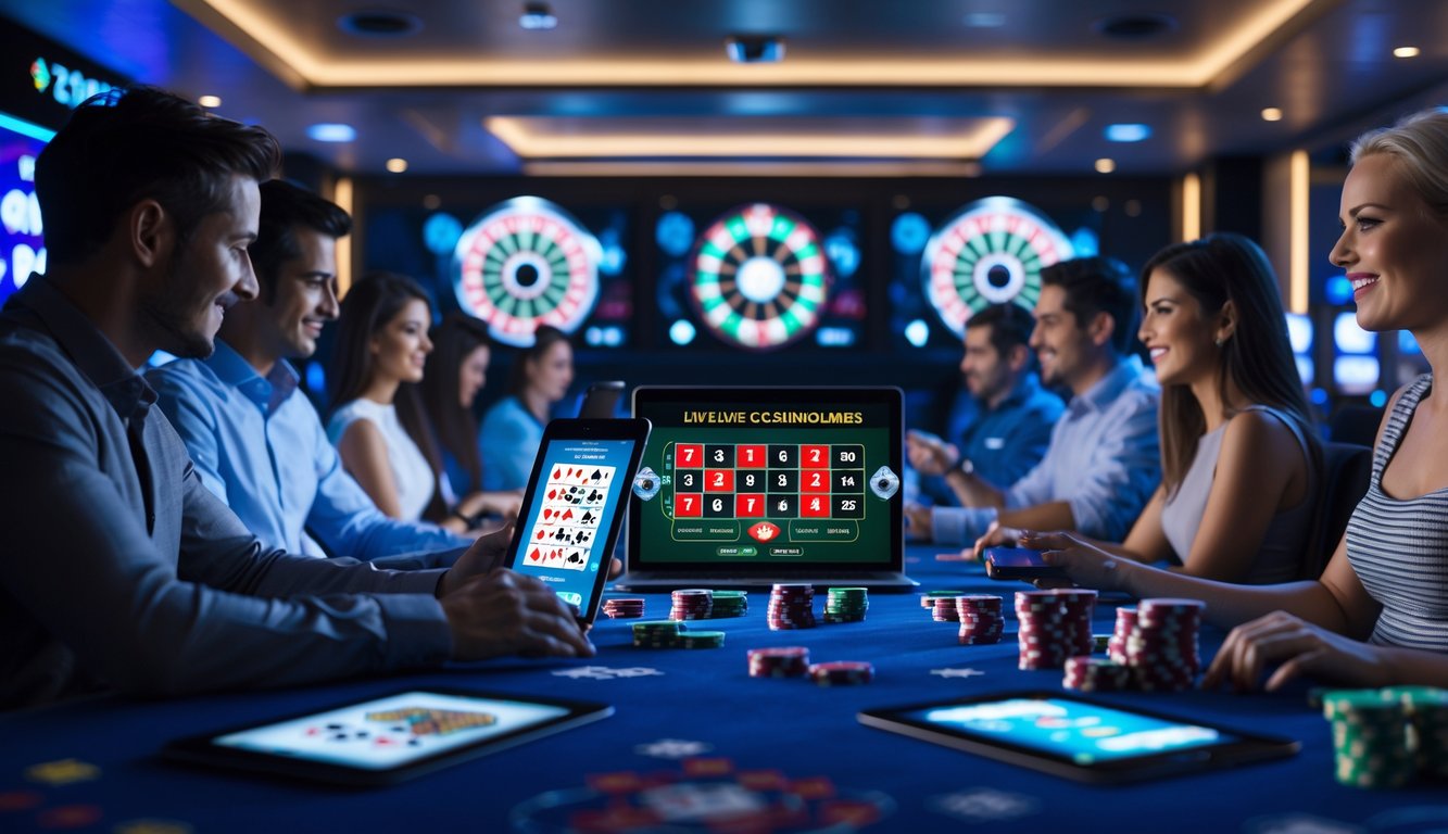 Orang-orang bermain permainan kasino langsung secara online dengan perangkat elektronik di ruangan modern yang terang.