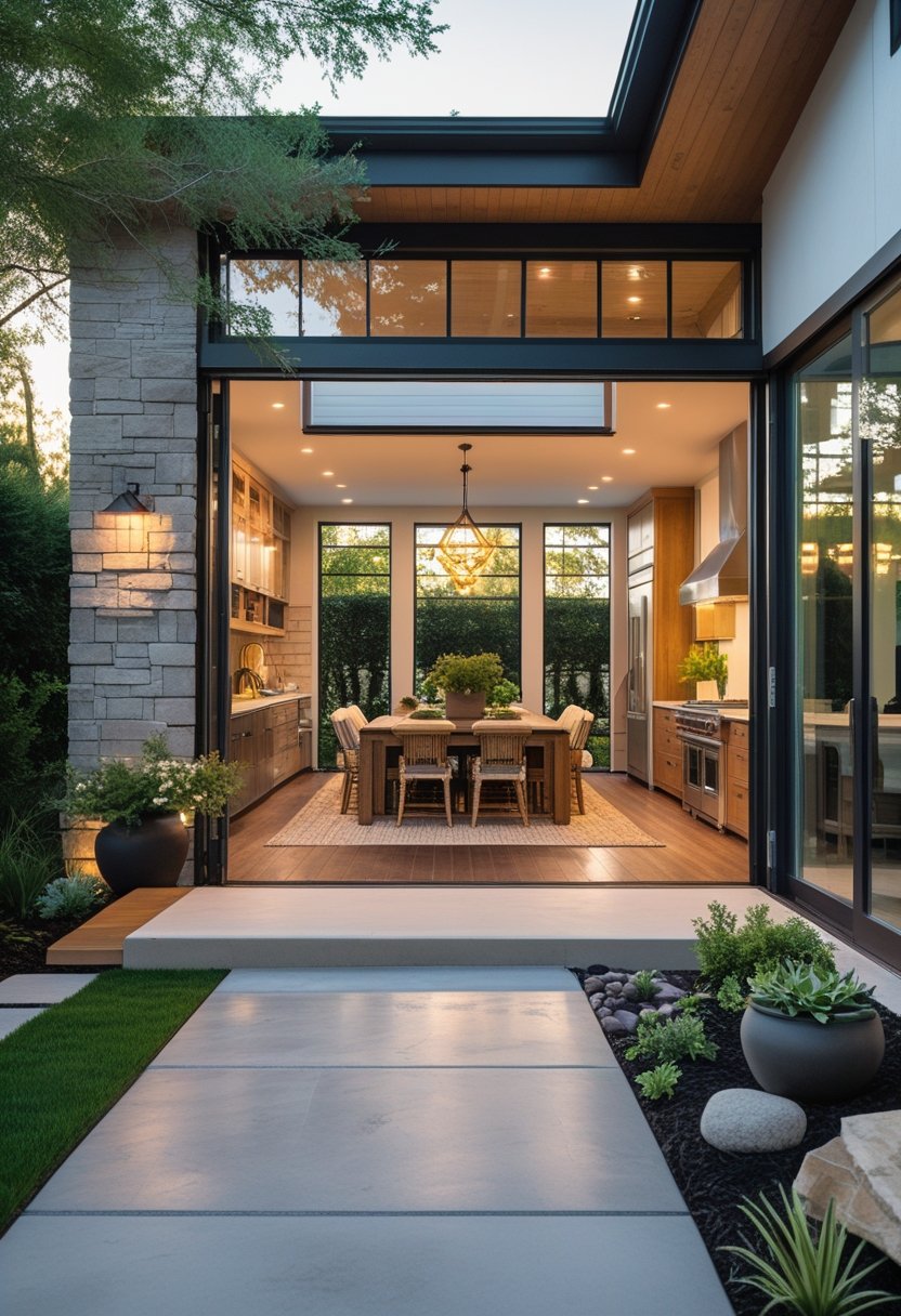 Outdoor living space connected to a kitchen with seating, plants, and natural surroundings.