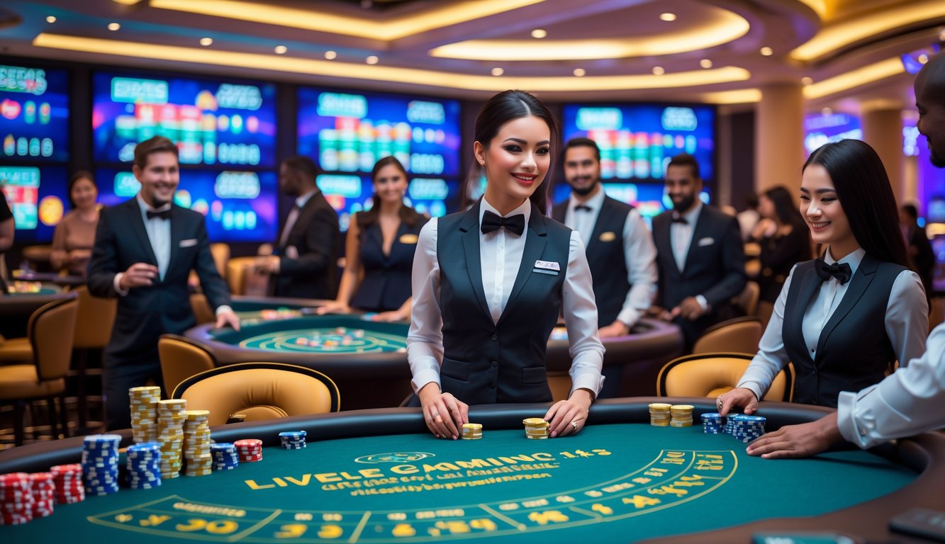 Suasana area permainan kasino langsung dengan meja permainan, dealer profesional, dan pemain yang sedang bermain.