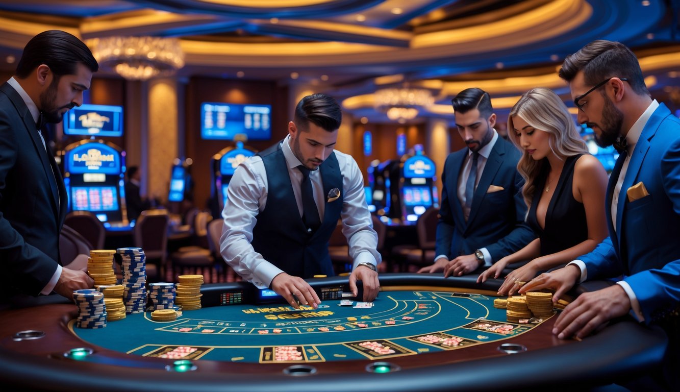 Seorang bandar dan pemain berpakaian rapi sedang bermain judi dengan taruhan besar di meja kasino mewah.