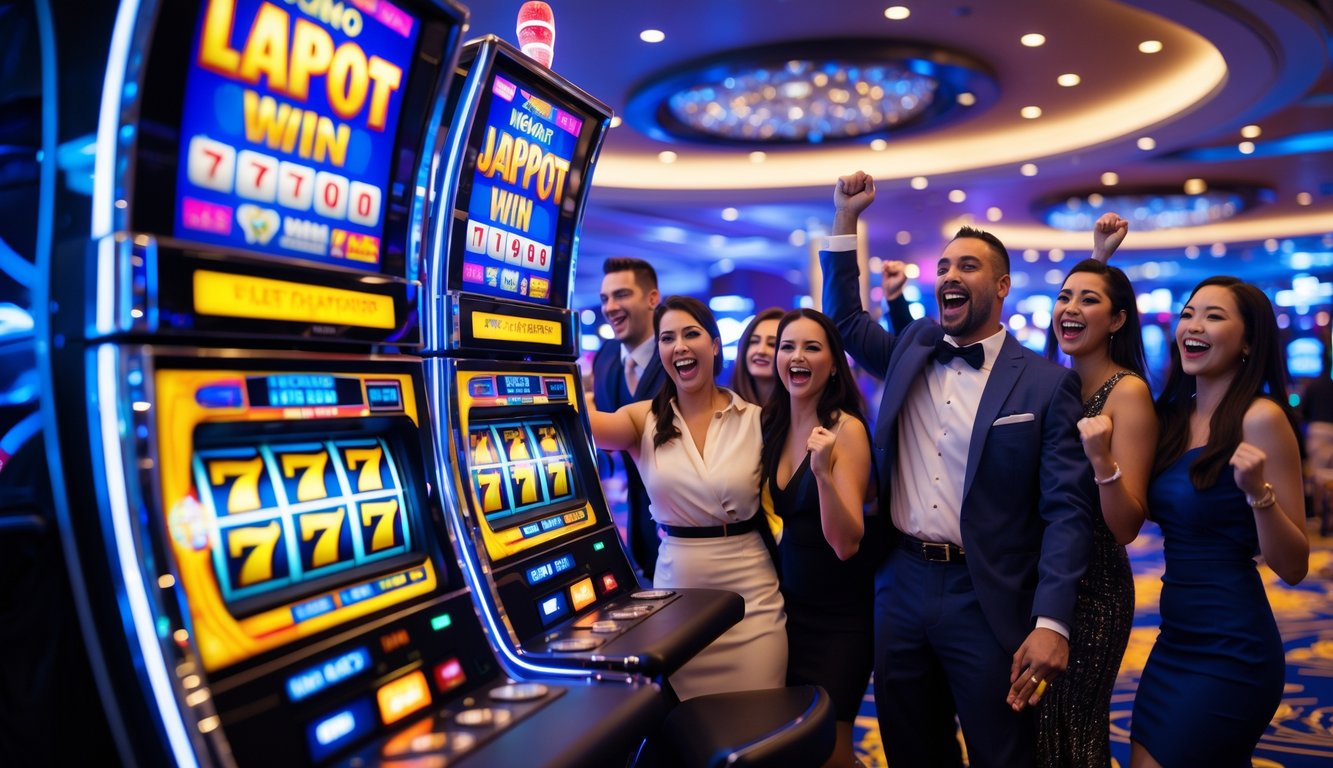 Orang-orang merayakan kemenangan besar di mesin slot di dalam kasino yang mewah dan cerah.