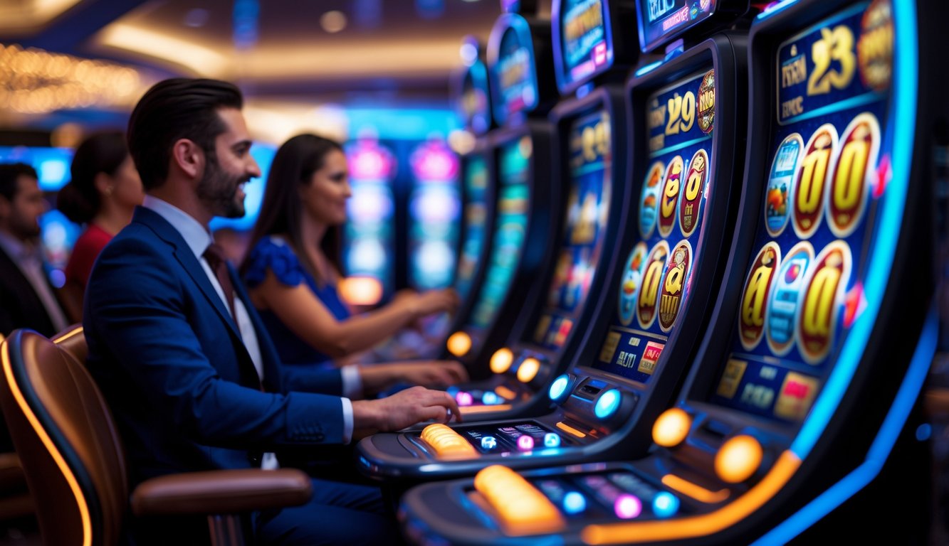 Mesin slot digital berwarna-warni di kasino modern dengan pemain yang sedang bermain di latar belakang.