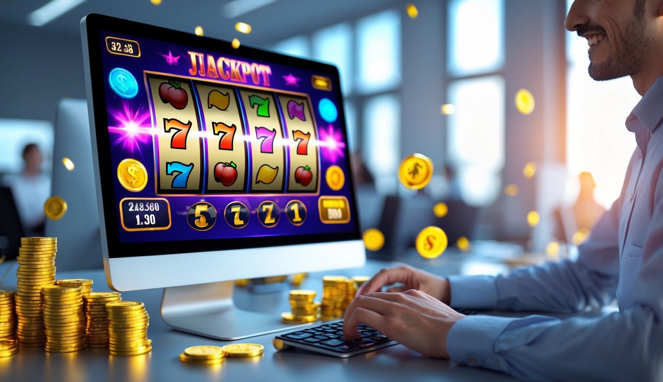 Seorang individu menggunakan komputer dengan tampilan permainan slot digital yang berwarna-warni dan simbol kemenangan di layar.