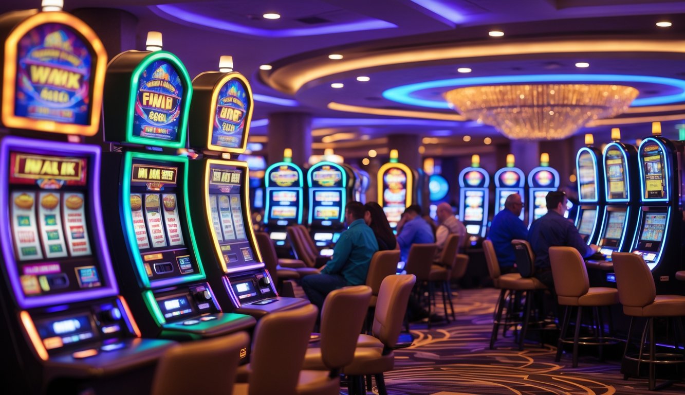 Orang-orang bermain mesin slot yang berwarna-warni dan menyala di dalam kasino yang ramai.