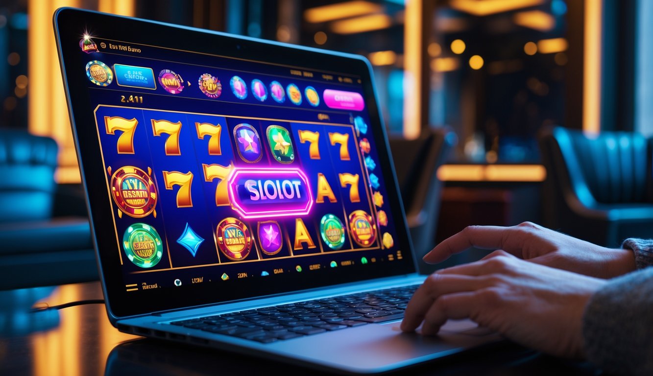 Seseorang menggunakan laptop dengan tampilan permainan slot online yang penuh warna dan menarik di layar.