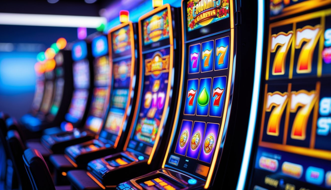 Beberapa layar mesin slot warna-warni yang menampilkan berbagai permainan dari penyedia berbeda.