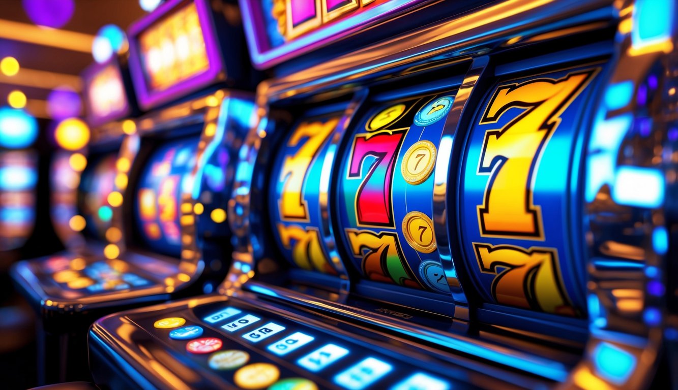 Mesin slot modern dengan simbol kemenangan dan lampu terang di latar belakang yang menunjukkan suasana kemenangan besar.