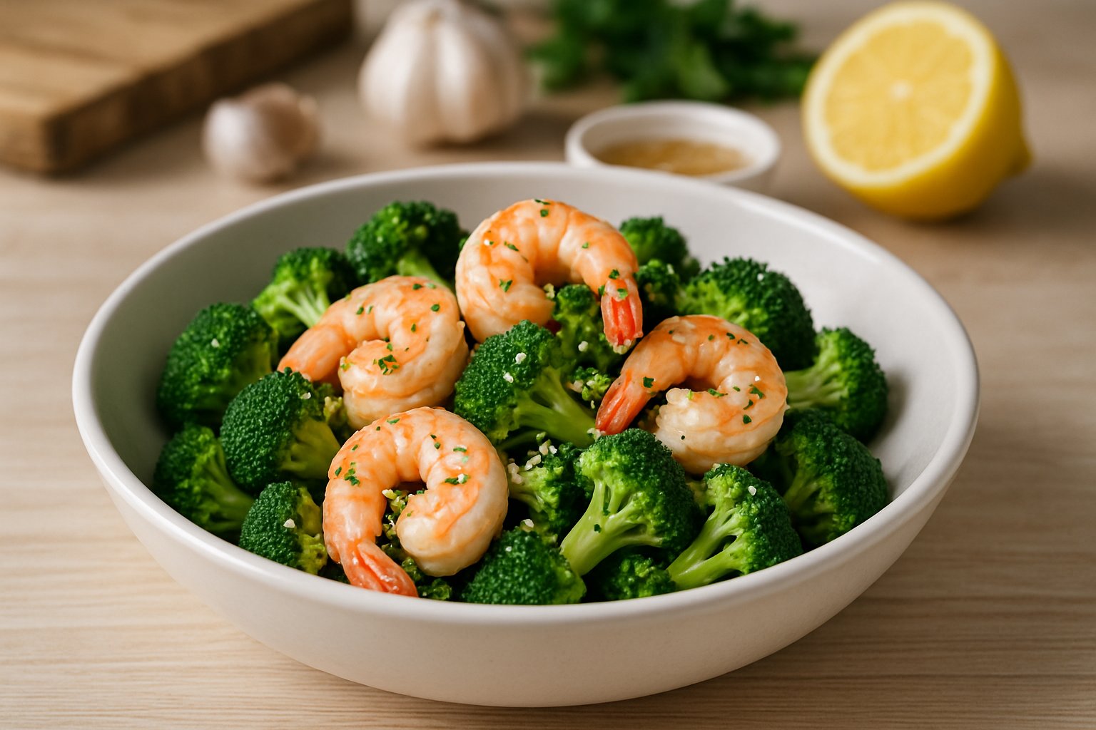 Bowl of cooked shrimp and broccoli on a wooden table with fresh ingredients in the background.