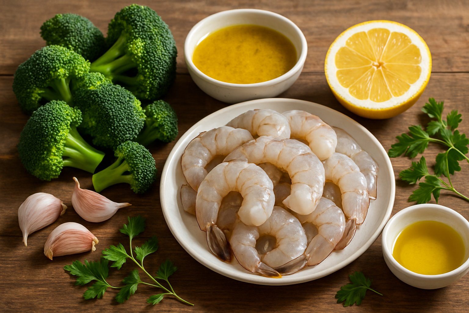 Fresh shrimp, broccoli, lemon, garlic, olive oil, and herbs arranged on a wooden table with a small bowl of lemon sauce.