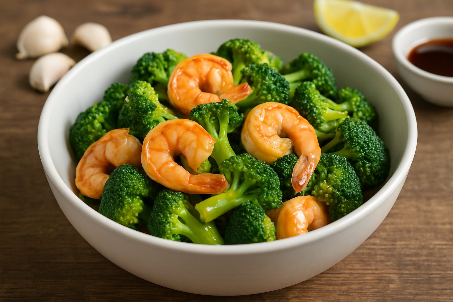 A bowl of cooked shrimp and broccoli on a wooden table with cooking ingredients in the background.