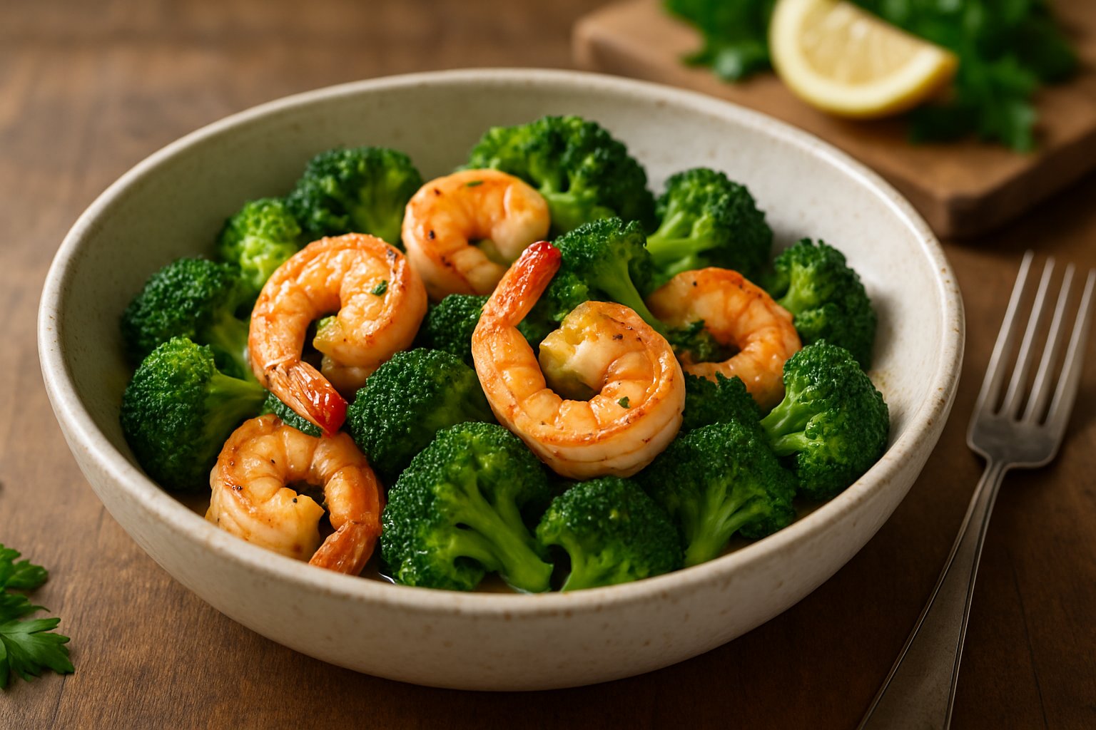A bowl of sautéed shrimp and broccoli on a wooden table with a lemon wedge and fresh herbs in the background.