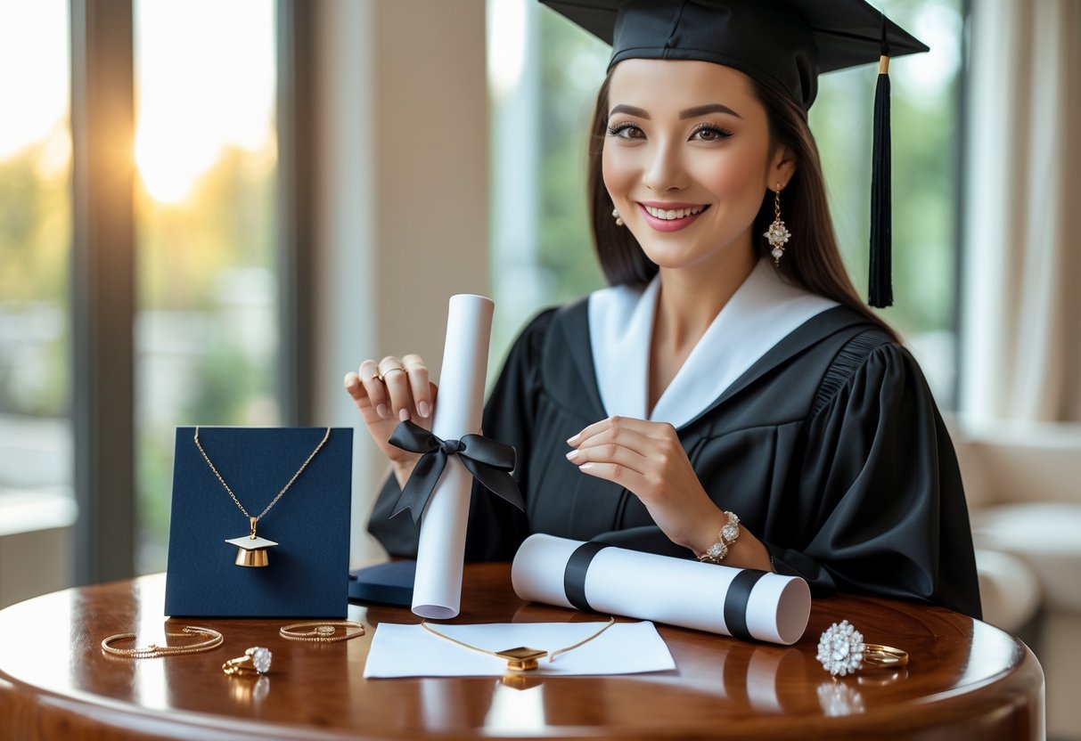 A smiling woman in a graduation gown holding a diploma, with elegant jewelry gifts displayed on a table nearby.