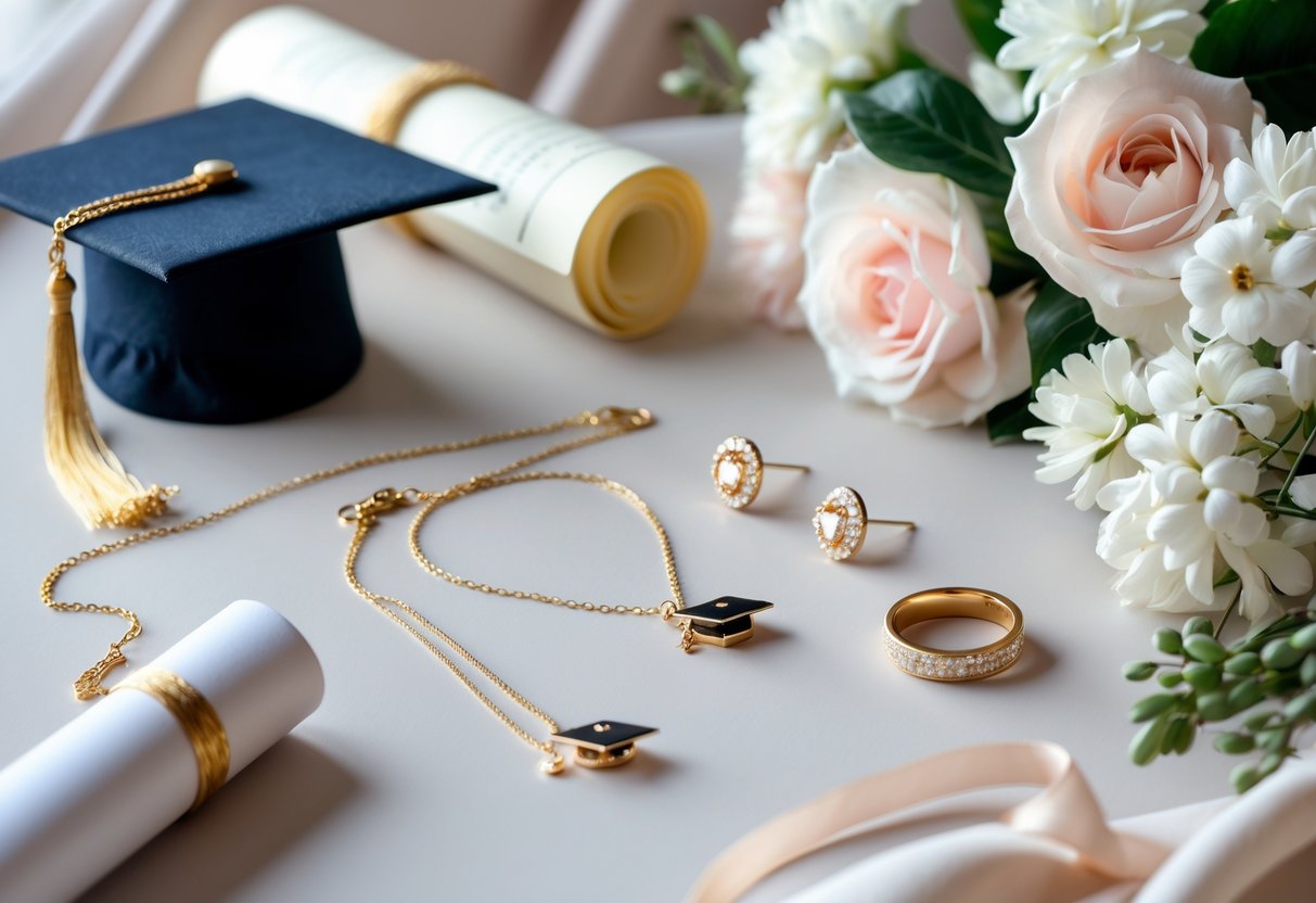 A set of elegant gold jewelry including a necklace, earrings, and bracelet displayed with a graduation cap, diploma, and flowers.