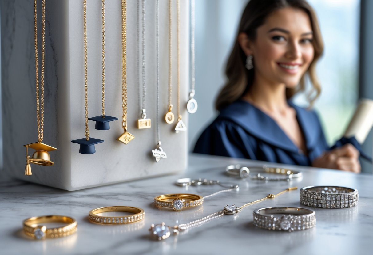 Close-up of elegant graduation jewelry including necklaces, rings, and bracelets with a smiling woman in graduation attire holding a diploma in the background.